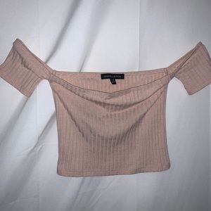 Baby Pink Ribbed Off-the-Shoulder Crop Top